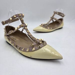 Valentino T Strap Rockstud Ballet Flats Offwhite Size 37 US 6.5 7